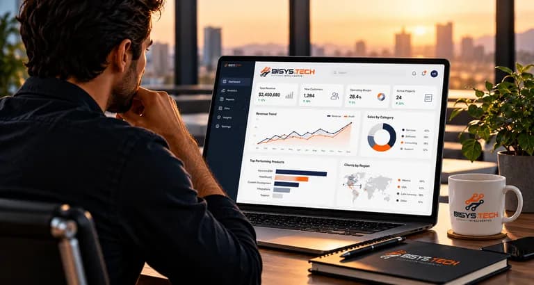 Persona revisando un tablero de Business Intelligence con ventas, gráficas y mapa en una laptop