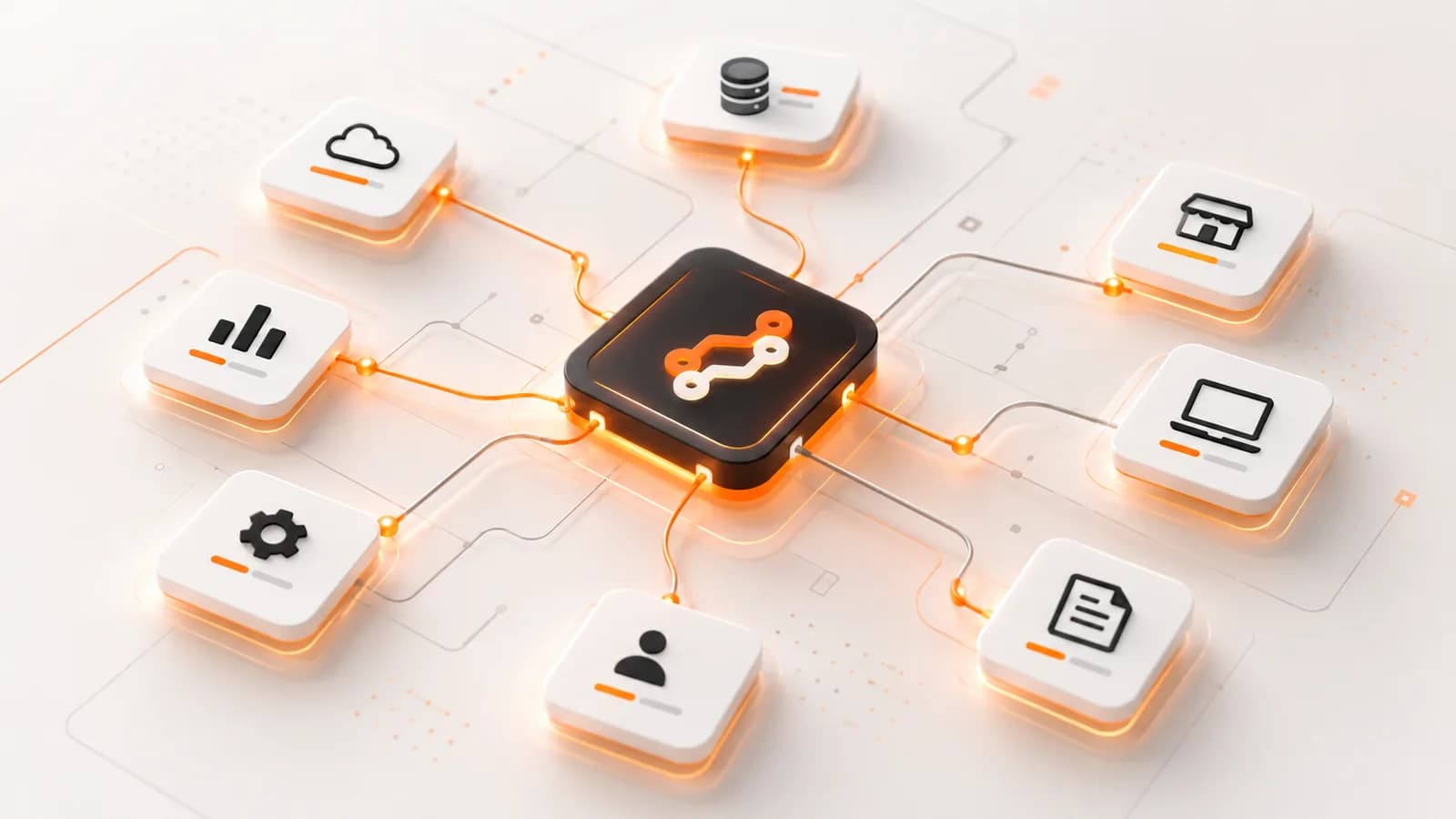 Núcleo central conectado con nube, bases de datos, analítica, configuración, usuarios, documentos y dispositivos