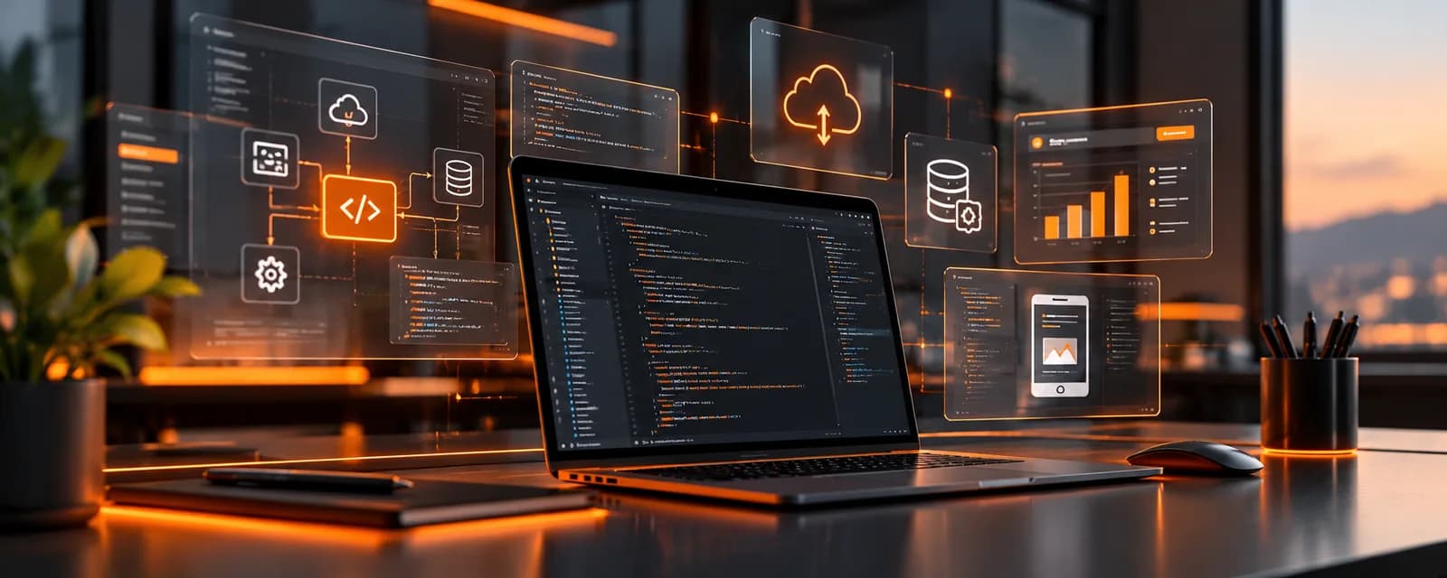 Laptop con código y paneles holográficos de nube, bases de datos y gráficas en un escritorio