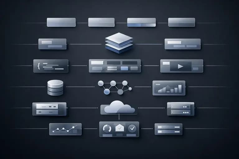 Diagrama de componentes de software conectados: bases de datos, nube, servidores, código y tableros